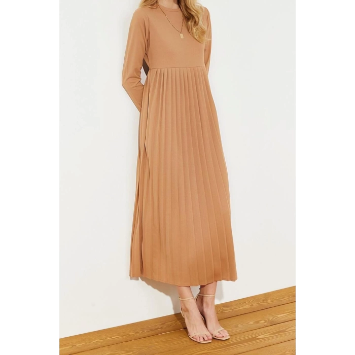 Moda Regular Casual Günlük Scuba Krep Örme Bisiklet Yaka Uzun Kol Basic Maxi Boy Elbise