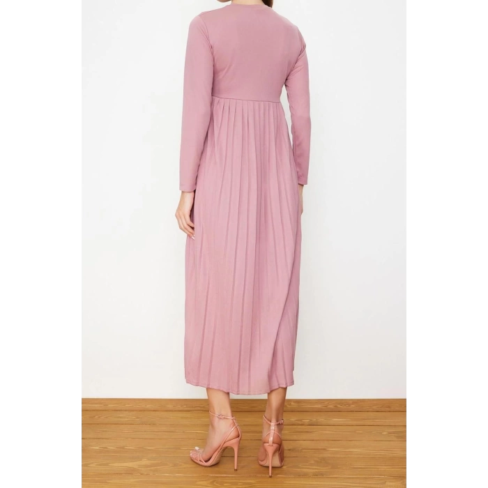 Moda Regular Casual Günlük Scuba Krep Örme Bisiklet Yaka Uzun Kol Basic Maxi Boy Elbise