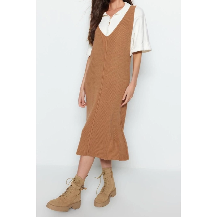 Moda Regular Casual Günlük Dolu İğne Triko V Yaka Uzun Kol Shift Maxi Boy Elbise