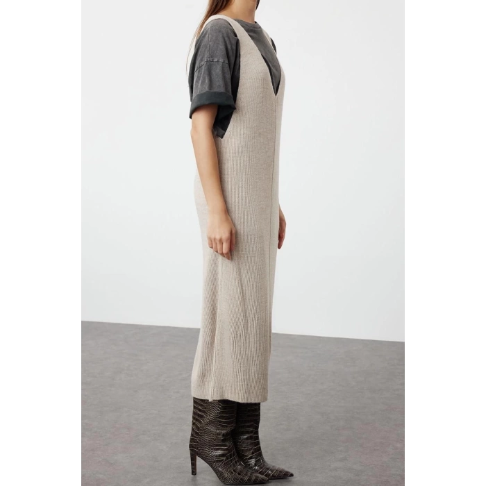Moda Regular Casual Günlük Dolu İğne Triko V Yaka Uzun Kol Shift Maxi Boy Elbise