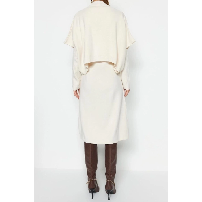 Fashion Oversize Casual Daily Crepe Knitwear Stand Collar Long Sleeve Shift Midi Length Dress