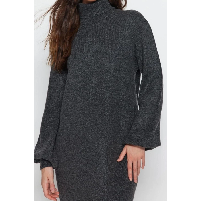 Moda Regular Casual Günlük Tek Plaka Triko Balıkçı Yaka Uzun Kol Shift Midi Boy Elbise