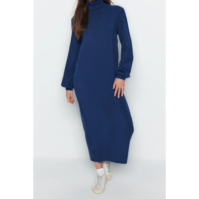Moda Regular Casual Günlük Tek Plaka Triko Balıkçı Yaka Uzun Kol Shift Midi Boy Elbise