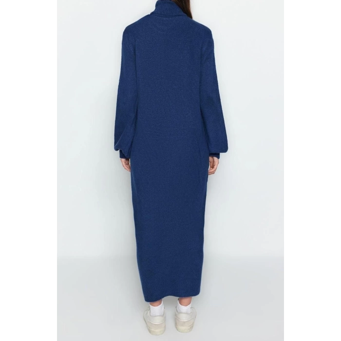 Moda Regular Casual Günlük Tek Plaka Triko Balıkçı Yaka Uzun Kol Shift Midi Boy Elbise