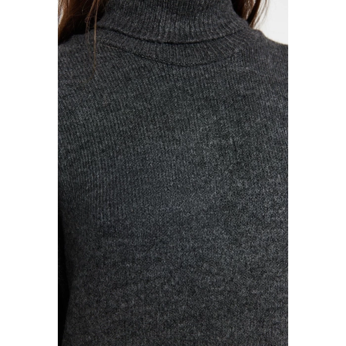 Moda Regular Casual Günlük Tek Plaka Triko Balıkçı Yaka Uzun Kol Shift Midi Boy Elbise