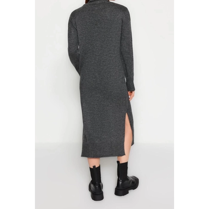 Moda Oversize Casual Günlük Dolu İğne Triko Balıkçı Yaka Uzun Kol Shift Midi Boy Elbise