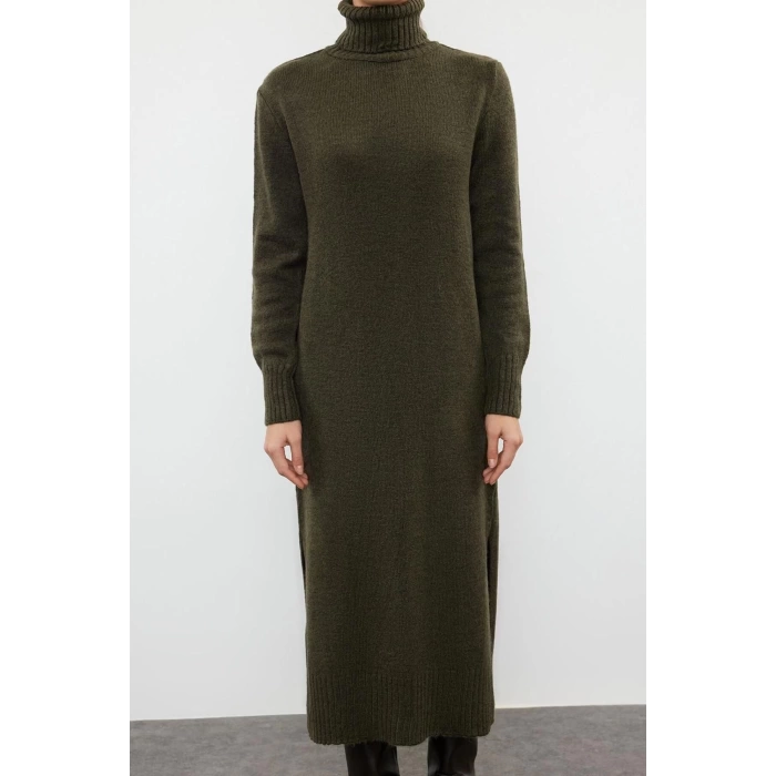 Moda Oversize Casual Günlük Dolu İğne Triko Balıkçı Yaka Uzun Kol Shift Midi Boy Elbise
