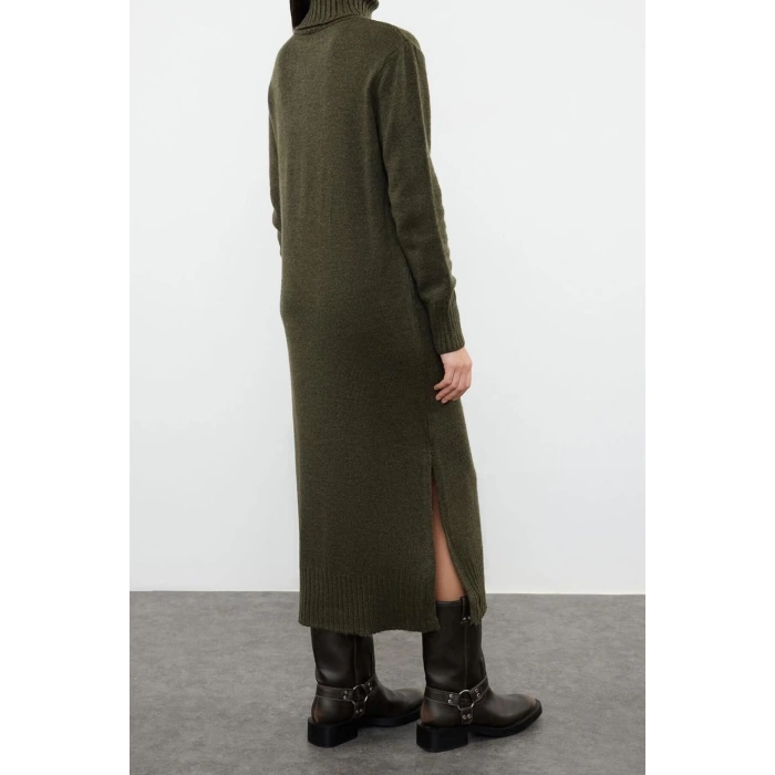 Moda Oversize Casual Günlük Dolu İğne Triko Balıkçı Yaka Uzun Kol Shift Midi Boy Elbise