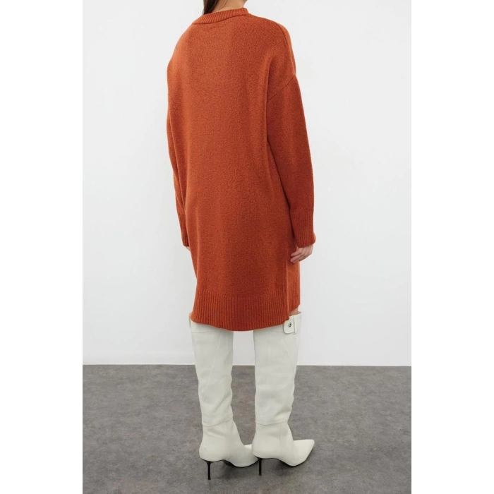 Moda Oversize Casual Günlük Çift Plaka Triko Bisiklet Yaka Uzun Kol Shift Mini Boy Elbise