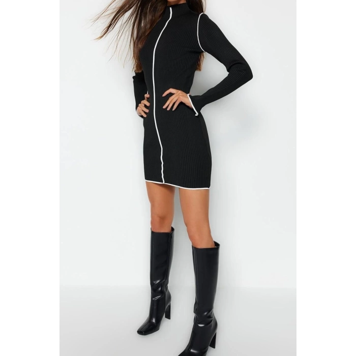 Moda Slim Casual Günlük Fitilli Triko Dik Yaka Uzun Kol Bodycone Mini Boy Elbise