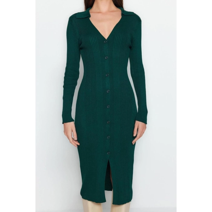 Moda Slim Casual Günlük Dolu İğne Triko Polo Yaka Uzun Kol Shift Midi Boy Elbise