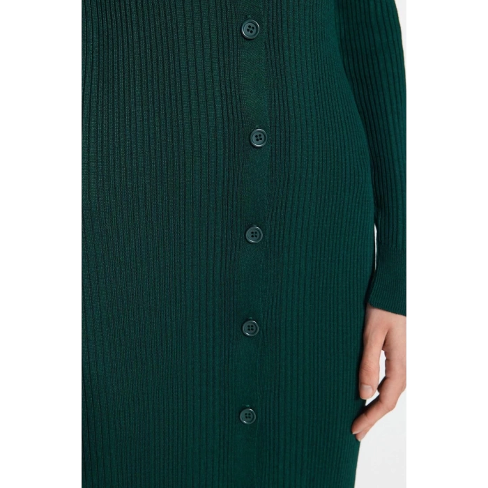 Moda Slim Casual Günlük Dolu İğne Triko Polo Yaka Uzun Kol Shift Midi Boy Elbise