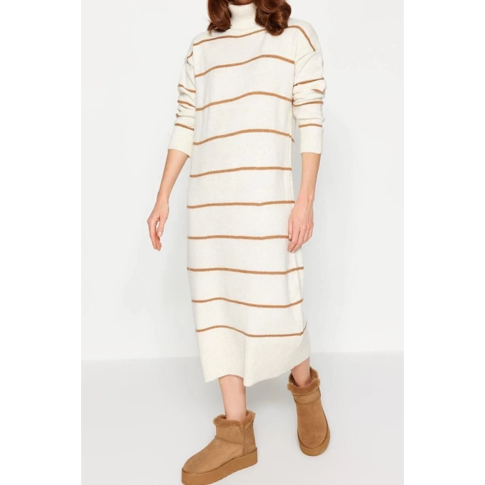 Moda Oversize Casual Günlük Çift Plaka Triko Balıkçı Yaka Uzun Kol Shift Maxi Boy Elbise