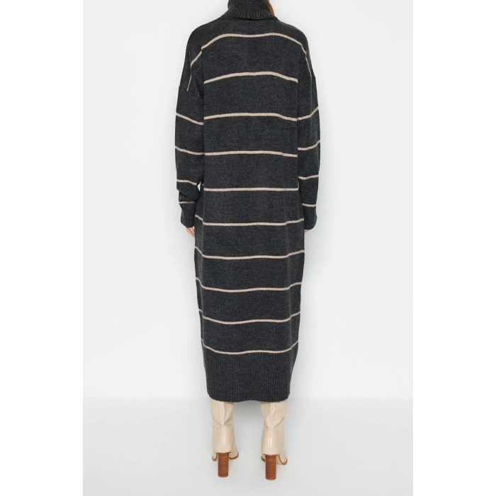 Moda Oversize Casual Günlük Çift Plaka Triko Balıkçı Yaka Uzun Kol Shift Maxi Boy Elbise