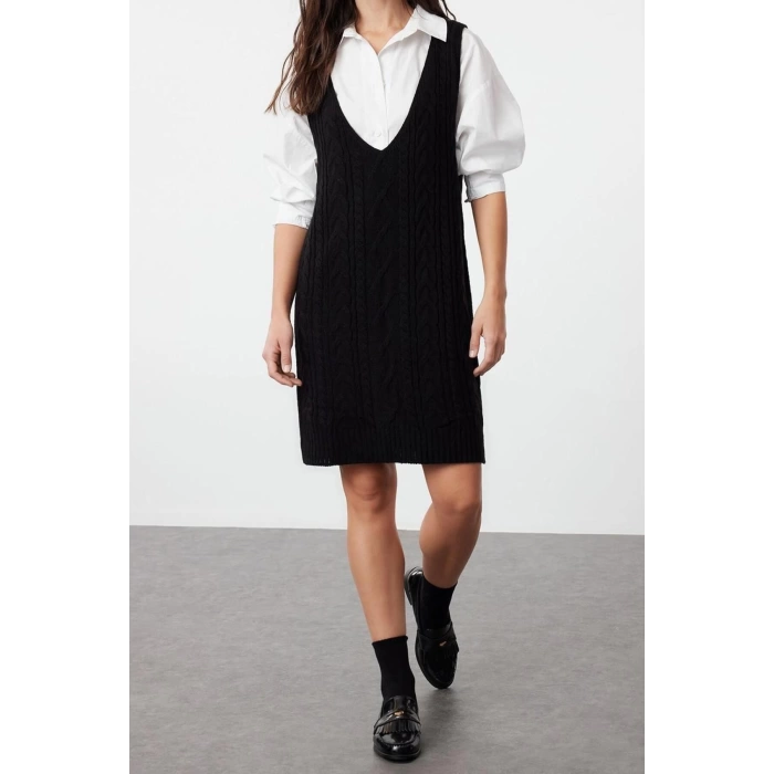 Moda Regular Casual Günlük Çift Plaka Triko V Yaka Askılı Kol Jile Mini Boy Elbise