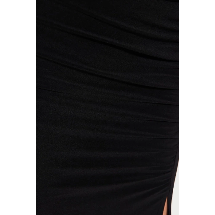 Moda Slim Gündüz Gece Kalın Sandy Örme Dik Yaka Uzun Kol Bodycone Midi Boy Elbise
