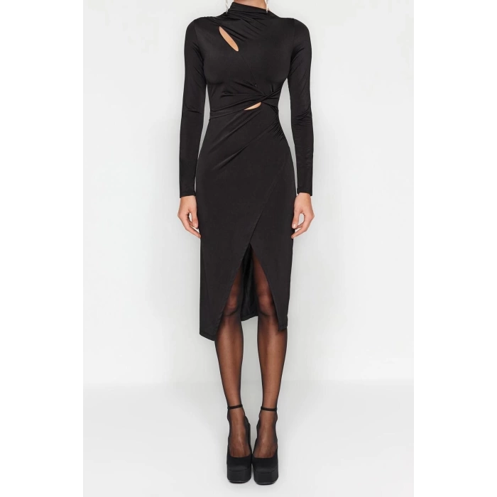 Fashion Fit Graduation Prom Sandy Knitted Stand Collar Long Sleeve Wrap Midi Length Dress