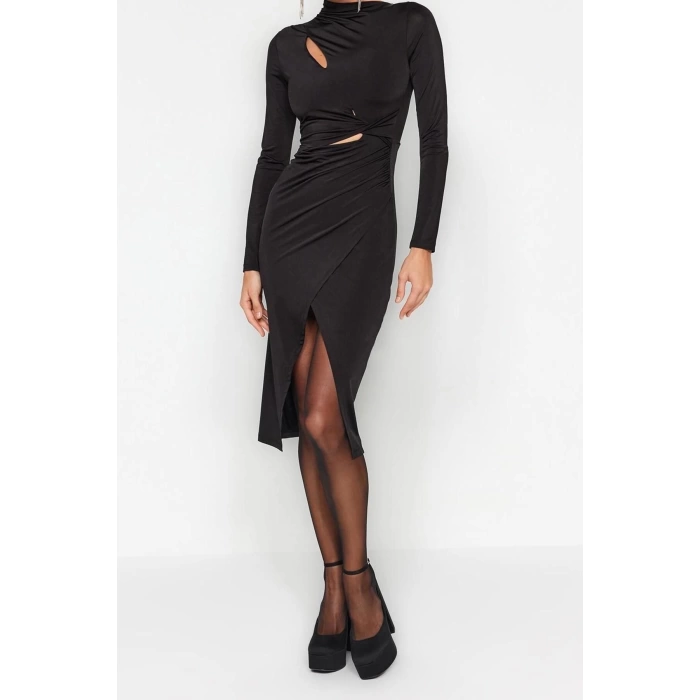 Fashion Fit Graduation Prom Sandy Knitted Stand Collar Long Sleeve Wrap Midi Length Dress