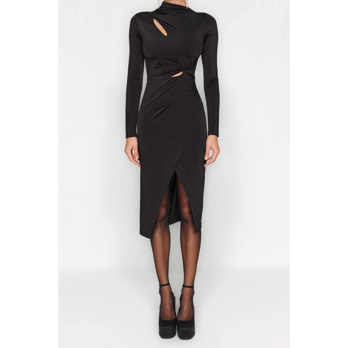 Fashion Fit Graduation Prom Sandy Knitted Stand Collar Long Sleeve Wrap Midi Length Dress