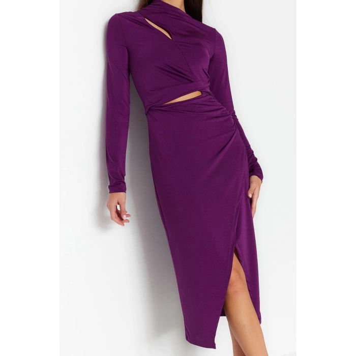 Fashion Fit Graduation Prom Sandy Knitted Stand Collar Long Sleeve Wrap Midi Length Dress