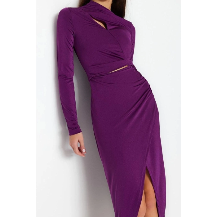 Fashion Fit Graduation Prom Sandy Knitted Stand Collar Long Sleeve Wrap Midi Length Dress