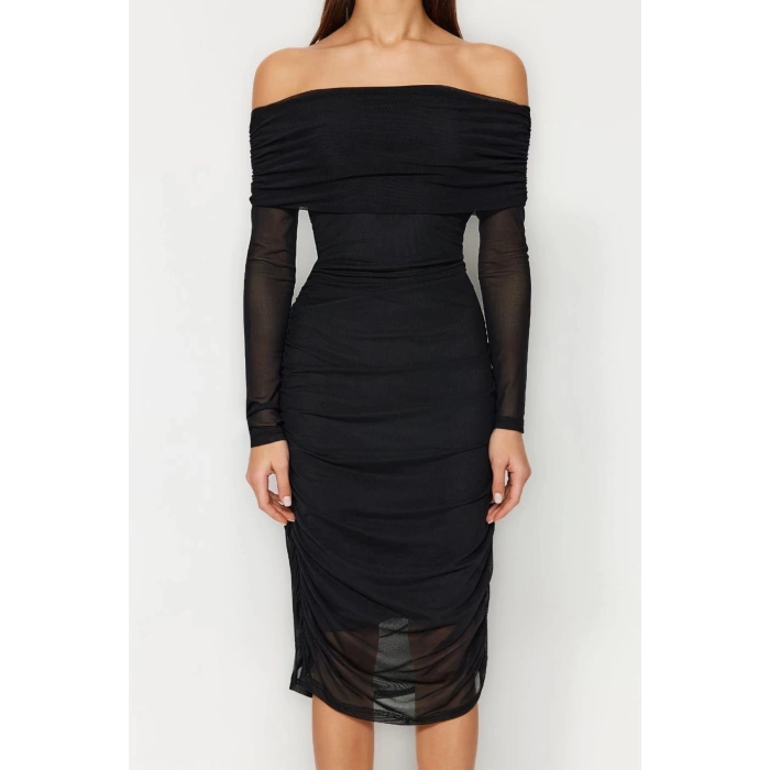 Fashion Slim Day Night Tulle Knitted Carmen Collar Long Sleeve Bodycone Midi Length Dress
