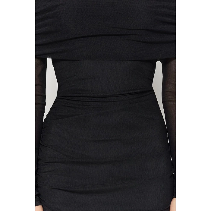 Fashion Slim Day Night Tulle Knitted Carmen Collar Long Sleeve Bodycone Midi Length Dress