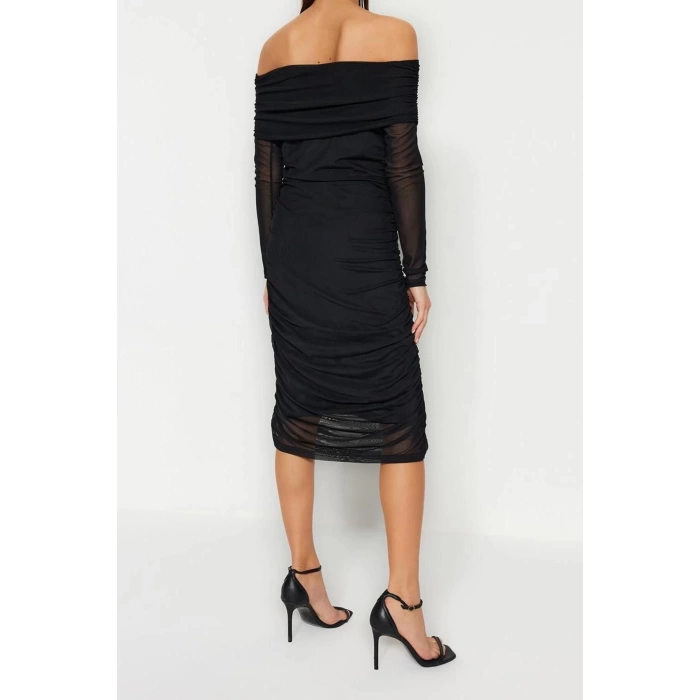 Fashion Slim Day Night Tulle Knitted Carmen Collar Long Sleeve Bodycone Midi Length Dress