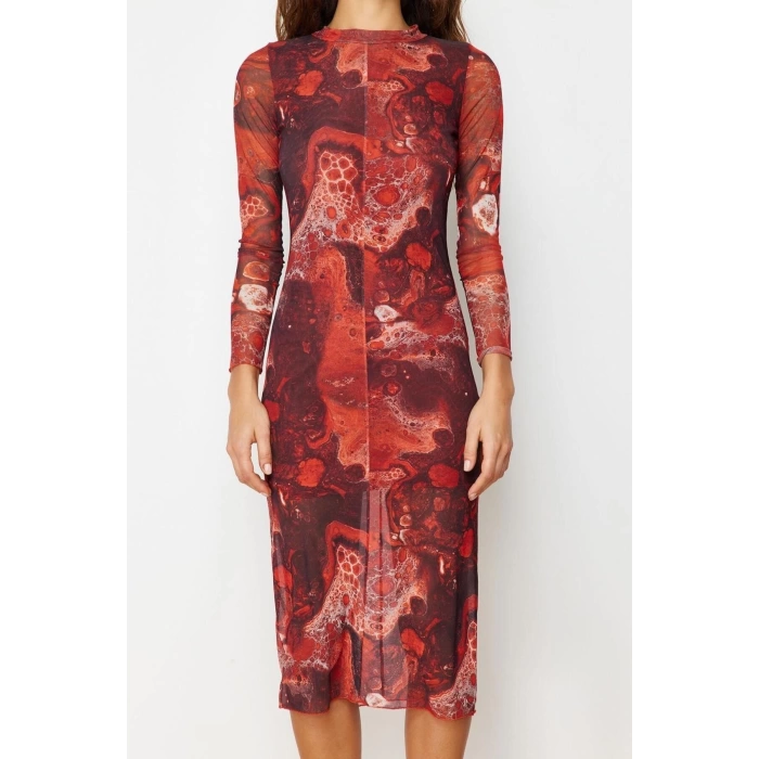 Fashion Slim Day Night Tulle Knitted Stand Collar Long Sleeve Bodycone Midi Length Dress