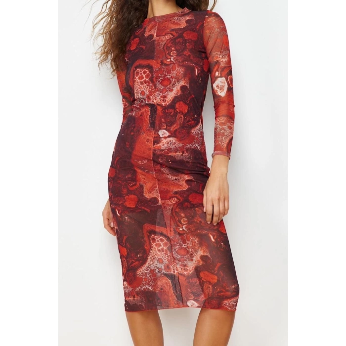 Fashion Slim Day Night Tulle Knitted Stand Collar Long Sleeve Bodycone Midi Length Dress