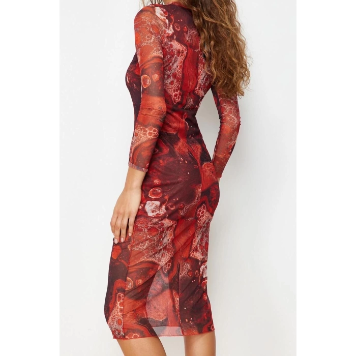 Fashion Slim Day Night Tulle Knitted Stand Collar Long Sleeve Bodycone Midi Length Dress