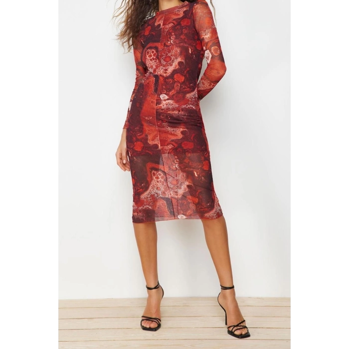 Fashion Slim Day Night Tulle Knitted Stand Collar Long Sleeve Bodycone Midi Length Dress