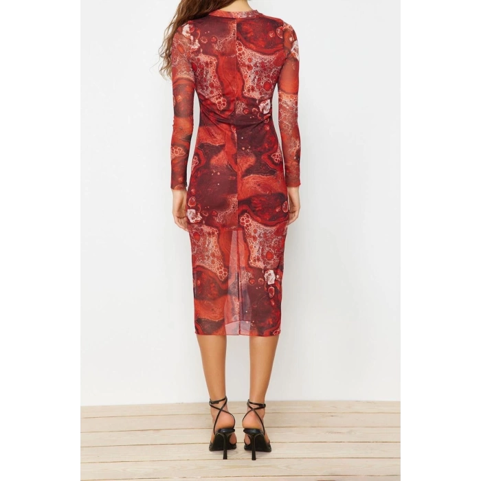 Fashion Slim Day Night Tulle Knitted Stand Collar Long Sleeve Bodycone Midi Length Dress