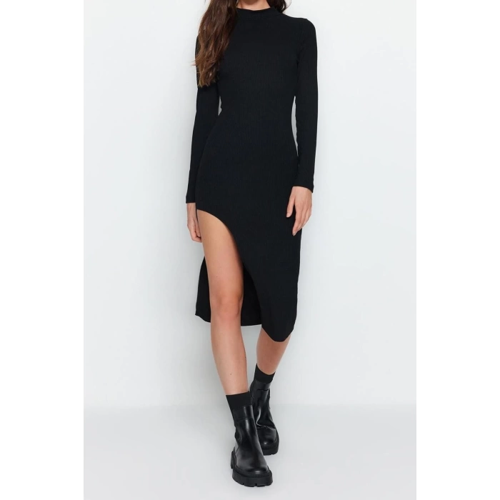 Fashion Slim Casual Daily Polyviscose Camisole Knitted Stand Collar Long Sleeve Bodycon Midi Length Dress