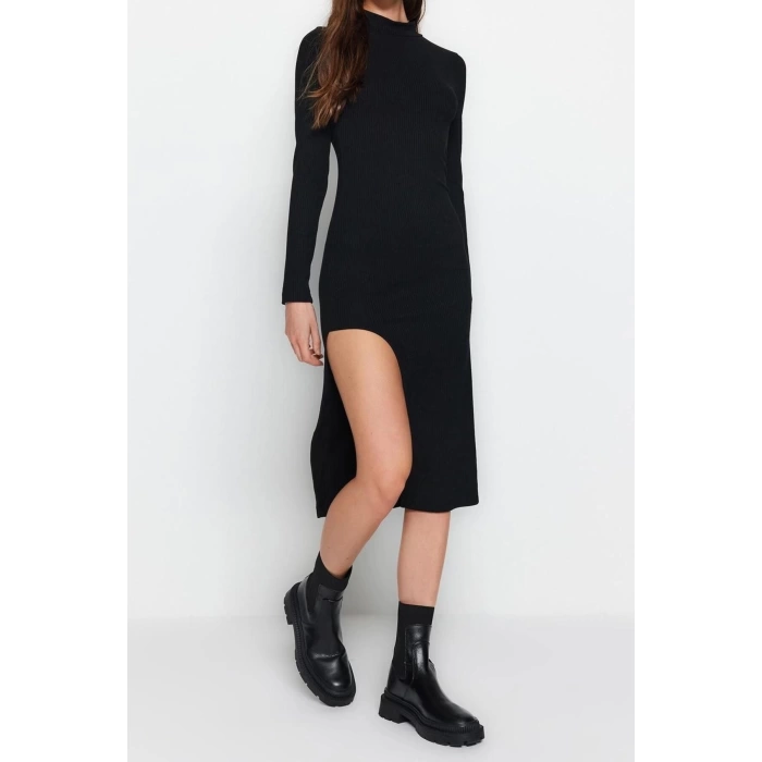Fashion Slim Casual Daily Polyviscose Camisole Knitted Stand Collar Long Sleeve Bodycon Midi Length Dress