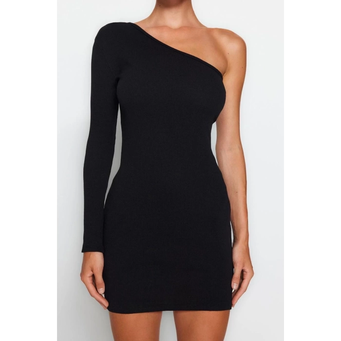 Fashion Slim Casual Daily Regenerated Camisole Knitted Asymmetrical Collar Long Sleeve Bodycone Mini Length Dress