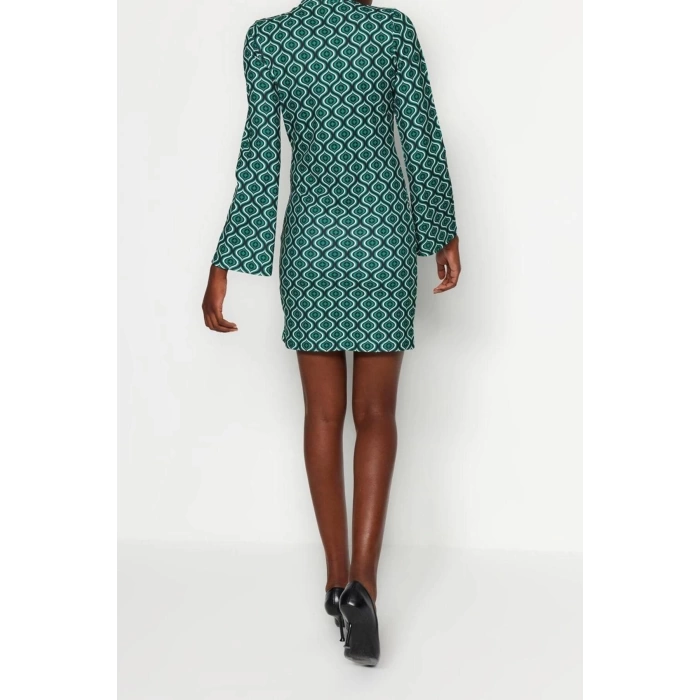 Moda Slim Business Krep Örme Dik Yaka Uzun Kol Bodycone Mini Boy Elbise
