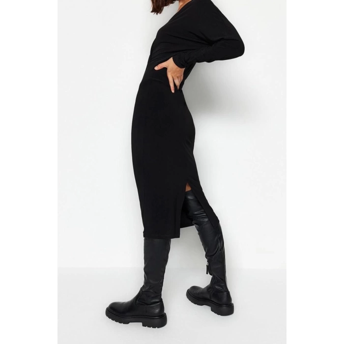 Moda Slim Business Kalın Sandy Örme Kruvaze Uzun Kol Bodycone Midi Boy Elbise