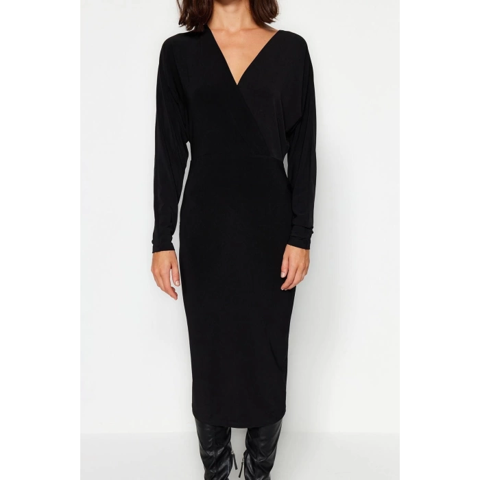 Moda Slim Business Kalın Sandy Örme Kruvaze Uzun Kol Bodycone Midi Boy Elbise