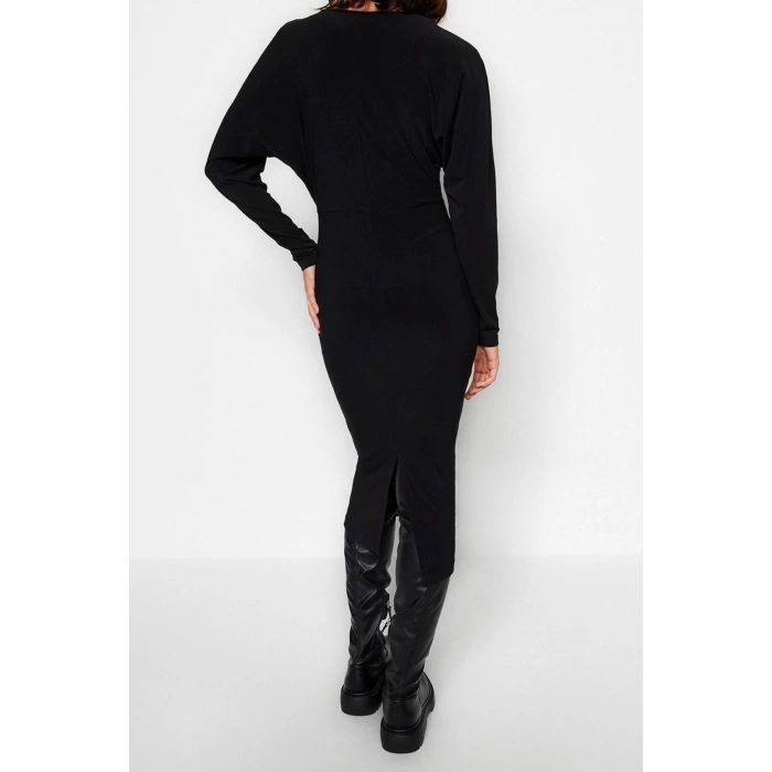 Moda Slim Business Kalın Sandy Örme Kruvaze Uzun Kol Bodycone Midi Boy Elbise