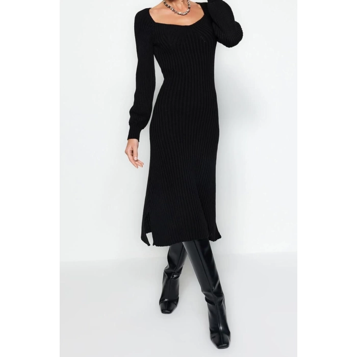 Moda Slim Casual Günlük Tek Plaka Triko Kalp Yaka Uzun Kol Basic Midi Boy Elbise