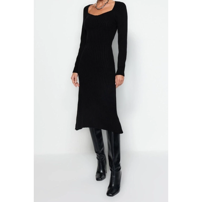 Moda Slim Casual Günlük Tek Plaka Triko Kalp Yaka Uzun Kol Basic Midi Boy Elbise