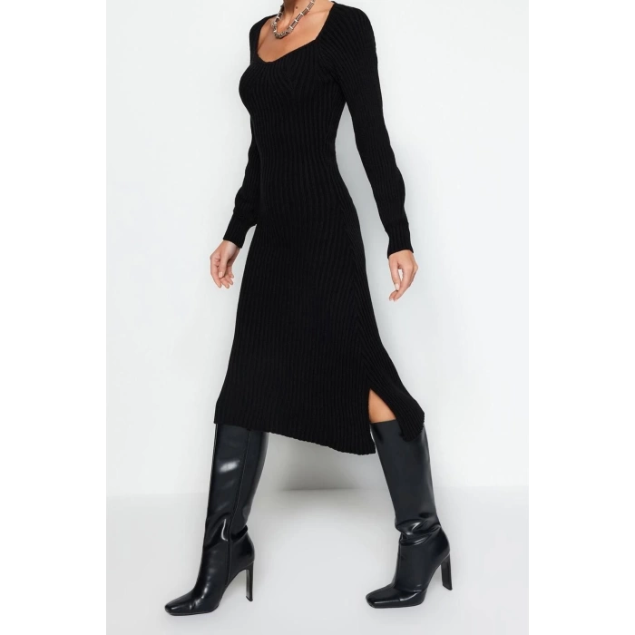 Moda Slim Casual Günlük Tek Plaka Triko Kalp Yaka Uzun Kol Basic Midi Boy Elbise