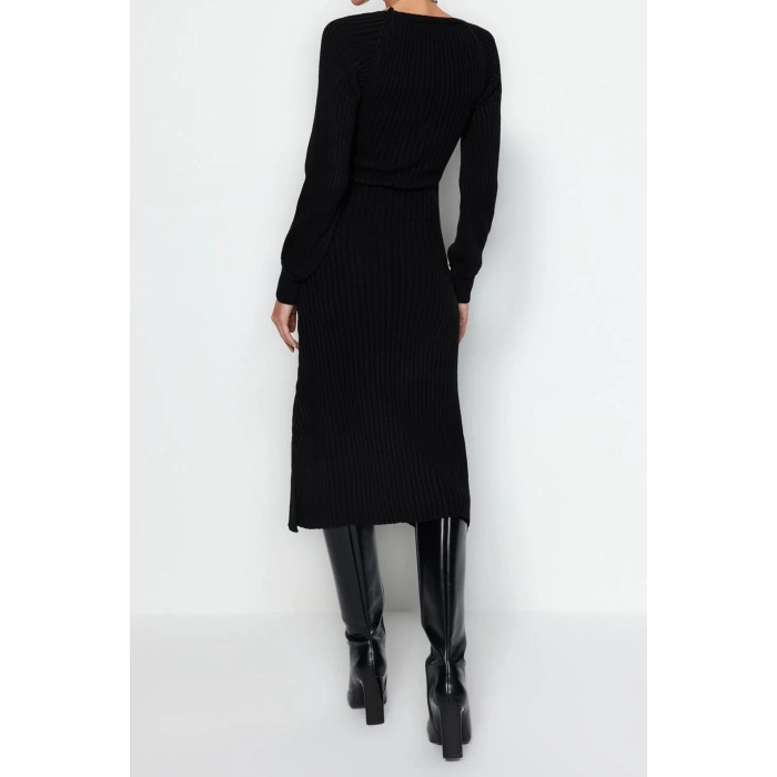 Moda Slim Casual Günlük Tek Plaka Triko Kalp Yaka Uzun Kol Basic Midi Boy Elbise