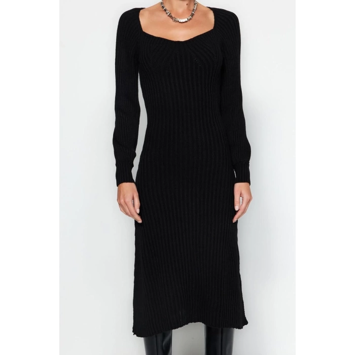 Moda Slim Casual Günlük Tek Plaka Triko Kalp Yaka Uzun Kol Basic Midi Boy Elbise