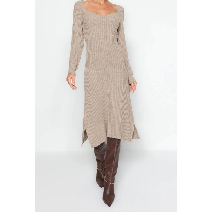 Moda Slim Casual Günlük Tek Plaka Triko Kalp Yaka Uzun Kol Basic Midi Boy Elbise