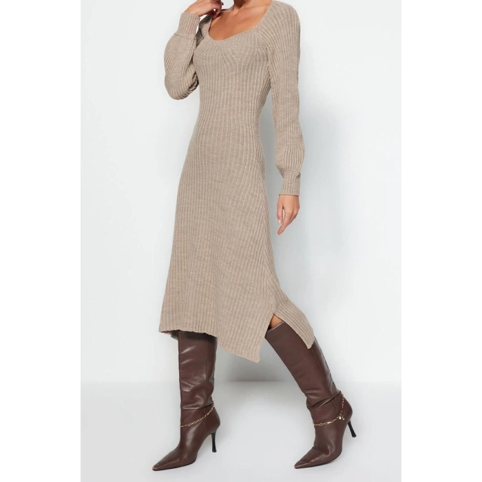 Moda Slim Casual Günlük Tek Plaka Triko Kalp Yaka Uzun Kol Basic Midi Boy Elbise