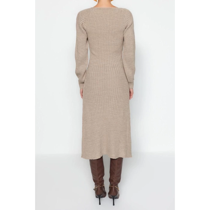 Moda Slim Casual Günlük Tek Plaka Triko Kalp Yaka Uzun Kol Basic Midi Boy Elbise