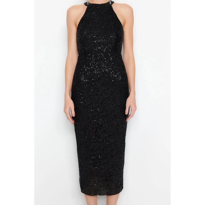 Fashion Regular Graduation Prom Sequin Knitted Halter Neck Sleeveless Sleeve Bodycone Midi Length Dress