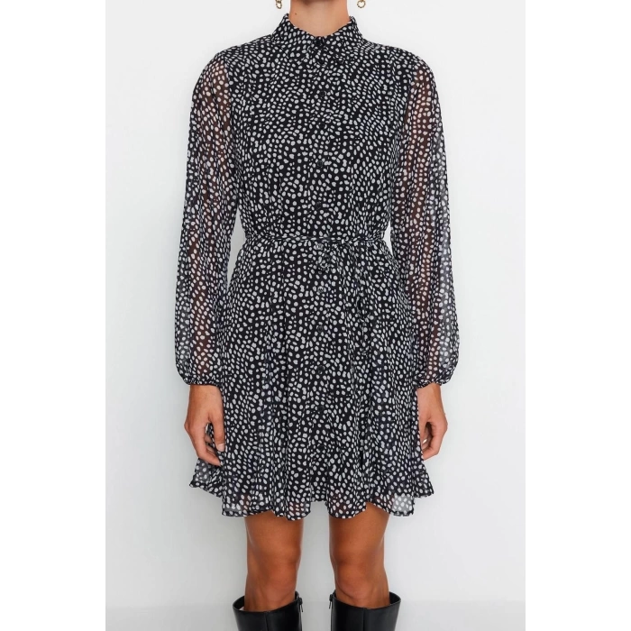 Moda Regular Casual Günlük Şifon Dokuma Gömlek Yaka Uzun Kol Gömlek Elbise Mini Boy Elbise